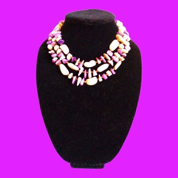 NECKLACE SHELLS & BEADS 3 Strand 16" 3" EXTENDER PURPLE & CREAM VINTAGE - Picture 3 of 4